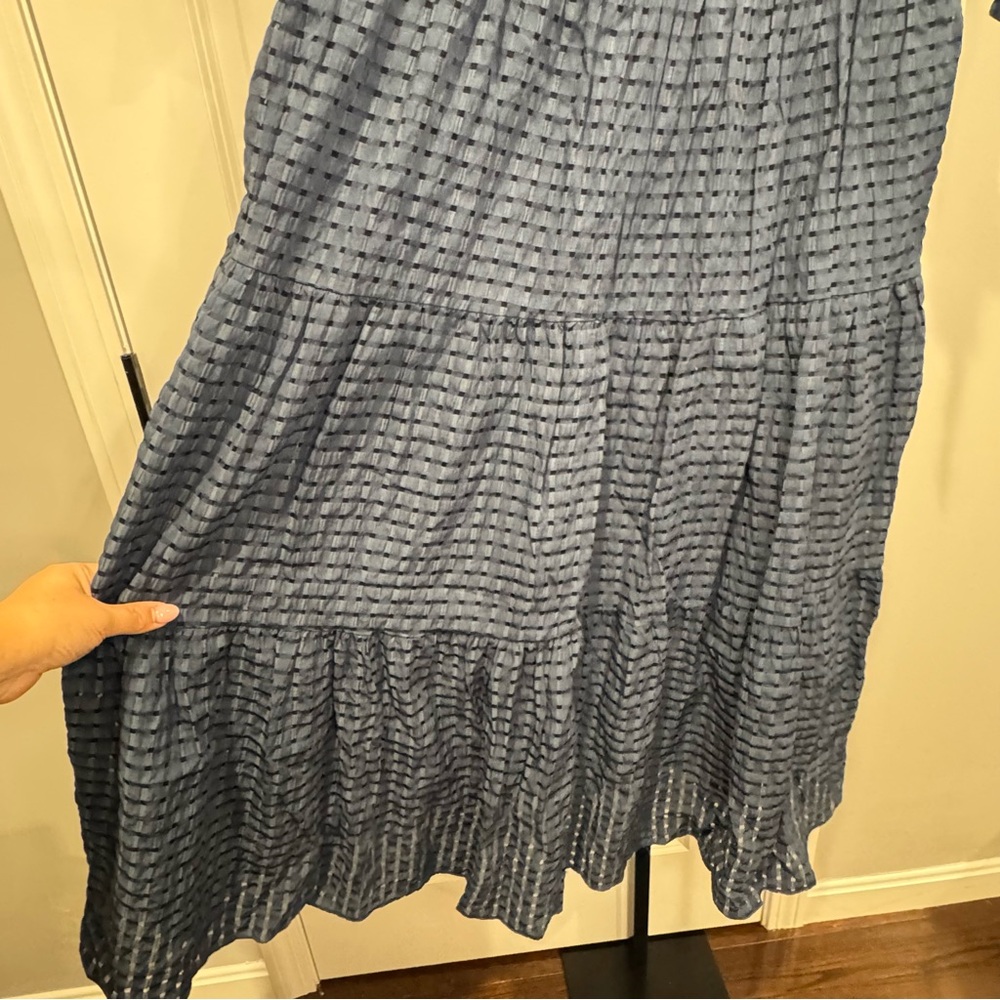 English Factory Blue Textured Midi Dress Puff Sleeve Tie Detail Size M - Picture 6 of 10